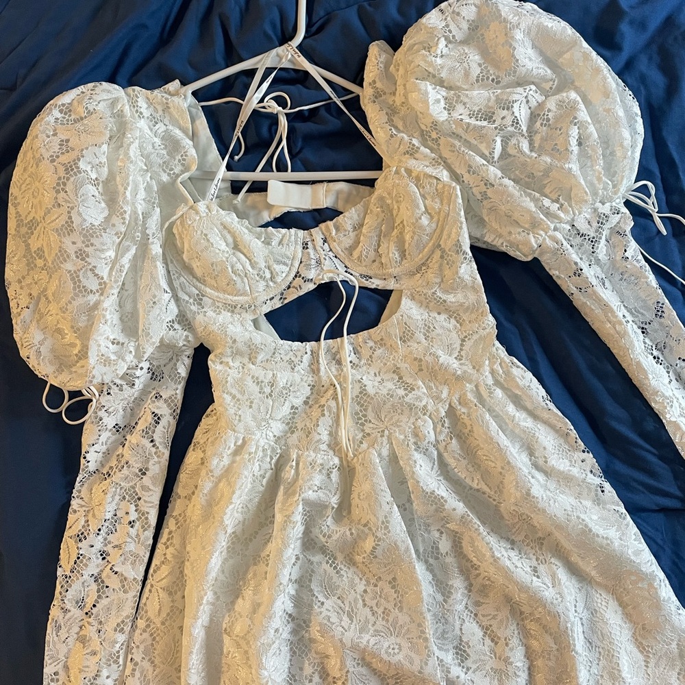 For Love & Lemons White Lace Mini Dress with Puff Sleeves